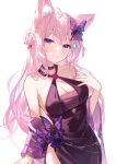  1girl absurdres animal_ear_fluff animal_ears antenna_hair bangs bare_shoulders black_choker black_dress blush braid braided_bun breasts butterfly_hair_ornament choker cleavage closed_mouth crown_braid dress hair_bun hair_ornament hakui_koyori halter_dress halterneck hand_up heiyan_shenshi highres hololive large_breasts long_hair looking_at_viewer nail_polish pink_hair pink_nails purple_eyes simple_background solo upper_body virtual_youtuber white_background 