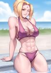  1girl abs absurdres bikini blonde_hair breasts brown_eyes facial_mark forehead_mark highres large_breasts looking_at_viewer medium_hair muscular muscular_female naruto naruto_(series) one_eye_closed pool sky solo speedl00ver swimsuit tsunade_(naruto) 