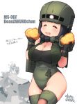  ^_^ black_gloves blush breasts cleavage closed_eyes faxbunny gloves gm_(mobile_suit) green_jacket green_leotard gundam helmet highres holding holding_shield humanization jacket large_breasts leotard mecha mecha_musume mobile_suit_gundam mobile_suit_gundam:_cucuruz_doan&#039;s_island shield skindentation thighhighs translation_request zaku_ii 