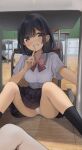  1girl bangs black_eyes black_hair black_skirt blurry blurry_background blush bow bowtie collared_shirt eyebrows_visible_through_hair feet_out_of_frame finger_to_mouth grin highres indoors looking_at_viewer noyama_(noyama8888) on_floor original panties pantyshot pleated_skirt red_bow red_bowtie school_uniform shirt short_sleeves sidelocks sitting skirt smile solo_focus spread_legs swept_bangs thighs under_table underwear white_panties white_shirt 