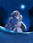  1boy 1girl blonde_hair blue_shirt commentary_request eyelashes from_below green_eyes hug kaidou_mitsuki link long_hair moon night outdoors pointy_ears princess_zelda shirt sky standing star_(sky) the_legend_of_zelda twitter_username undershirt wading water 