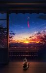  calico cat cloud commentary_request evening field highres lamppost mountain mountainous_horizon no_humans original power_lines railing rice_paddy road scenery sky sliding_doors star_(sky) starry_sky sun sunset tree utility_pole veranda vinci_v7 wind_chime wooden_floor 