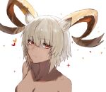  1girl animal_ears arknights bangs blonde_hair breasts carnelian_(arknights) cleavage closed_mouth collarbone completely_nude dark-skinned_female dark_skin eyebrows_visible_through_hair goat_ears goat_girl goat_horns heart horns looking_at_viewer medium_breasts nude out-of-frame_censoring raw_egg_lent red_eyes short_hair simple_background smile solo sparkle upper_body white_background 