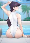  1girl arm_up ass black_hair blurry blurry_background blush bracelet chain-link_fence competition_swimsuit day english_commentary fence flytrapxx from_behind hair_over_shoulder highres jewelry komi-san_wa_komyushou_desu komi_shouko long_hair looking_at_viewer looking_back narrow_waist nose one-piece_swimsuit pool purple_eyes soaking_feet solo swimsuit wet wet_hair white_swimsuit wide_hips 