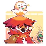  ? border brown_eyes closed_eyes closed_mouth decidueye hisuian_decidueye kakei_(shark5) on_head orange_eyes outline pokemon pokemon_(creature) pokemon_on_head red_pupils rowlet sparkle spoken_question_mark symbol-only_commentary u_u white_border 