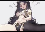  1girl :d absurdres armlet bangs bankongping bikini black_bikini black_bow black_hair black_legwear bow breasts cameltoe commentary crotch curly_hair earrings fate/grand_order fate_(series) from_below gold grey_background hair_bow hand_on_own_chest highres hoop_earrings ishtar_(fate) jewelry letterboxed light_blush long_hair looking_at_viewer medium_breasts mismatched_bikini mole mole_on_thigh open_mouth parted_bangs red_eyes simple_background single_thighhigh sitting smile solo split spread_legs sweatdrop swimsuit teeth thighhighs thighs underwear upper_teeth very_long_hair white_bikini 