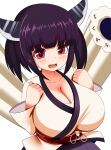  1girl bangs black_hair breasts character_request cleavage copyright_request eyebrows_visible_through_hair fang highres japanese_clothes large_breasts open_mouth oppai_loli red_eyes short_hair simple_background solo white_background xialu_zajin 