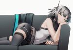  1girl absurdres arknights bare_arms bare_shoulders black_choker black_shorts choker commentary_request feather_hair feet_out_of_frame green_eyes grey_background grey_hair grey_legwear greythroat_(arknights) highres infection_monitor_(arknights) lodbyy lying partial_commentary shirt short_hair short_shorts shorts sleeveless sleeveless_shirt solo thighhighs white_shirt 