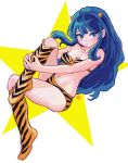  1girl absurdres animal_print bikini blue_eyes boots breasts cleavage green_hair highres horns long_hair looking_at_viewer lum navel oni oni_horns pointy_ears shiren_(ourboy83) small_breasts solo star_(symbol) swimsuit tiger_print urusei_yatsura 