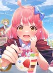  3girls ahoge blurry blurry_foreground blush bow bracelet chieru_(princess_connect!) chloe_(princess_connect!) crepe depth_of_field food foreshortening hair_bow hair_ornament highres holding holding_spoon incoming_food jewelry looking_at_viewer multiple_girls parfait pink_hair potemaro princess_connect! round_teeth smile spoon star_(symbol) star_hair_ornament teeth yuni_(princess_connect!) 