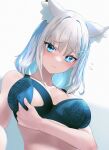  1girl absurdres animal_ear_fluff animal_ears arm_at_side arm_under_breasts bangs black_bra blue_archive blue_eyes blue_hair blurry blush bra breasts bright_pupils cat_ears closed_mouth collarbone colored_inner_hair commentary flying_sweatdrops from_below grey_hair highres kazane-wind looking_at_viewer looking_down medium_breasts medium_hair mismatched_pupils multicolored_hair nursing_bra shiroko_(blue_archive) slit_pupils solo underwear upper_body white_pupils 