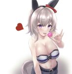  1girl :3 :p animal_ears bandeau bangs bare_arms bare_shoulders belt black_belt black_hairband bow breasts candy cleavage cosplay curren_chan_(umamusume) eyebrows_visible_through_hair food genjuuroku gold_city_(umamusume) gold_city_(umamusume)_(cosplay) grey_hair hair_bow hairband hand_up heart highres holding holding_food horse_ears large_breasts lollipop looking_at_viewer midriff navel purple_eyes red_bow short_hair simple_background smile solo stomach strapless striped_bandeau tail tongue tongue_out tube_top umamusume upper_body white_background 