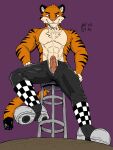  anthro bar_stool boots bottomwear clothing erection felid footwear furniture genitals hi_res leather leather_bottomwear leather_clothing leather_pants male mammal pantherine pants penis rocket_boots sitting solo stool tiger topgearae86turbo 