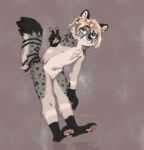  2021 4_toes 5_fingers anthro bent_over black_body black_ears black_fur black_spots blonde_hair chest_tuft countershade_face countershade_legs countershade_tail countershade_torso countershading crotch_tuft digitigrade dipstick_tail featureless_crotch feet felid fingers fur gesture gloves_(marking) green_eyes grey_body grey_fur hair hand_on_knee hand_on_leg hi_res inner_ear_fluff ishimaurell kaspr_(ailurusfloof) leg_markings leopard_spots looking_at_viewer male mammal markings neck_tuft on_heels pantherine pawpads pink_background pink_nose pink_pawpads raised_tail rosettes simple_background snow_leopard socks_(marking) solo spots standing tail_markings teeth toes tuft v_sign white_body white_countershading white_fur white_inner_ear white_inner_ear_fluff 