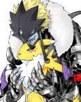  2021 anthro armwear bandai_namco beelzemon blue_eyes clothing digimon digimon_(species) dipstick_ears duo female fur gloves green_eyes handwear humanoid male markings multicolored_ears open_mouth open_smile renamon scarf simple_background smile teeth tuft white_background white_body white_fur yellow_body yellow_fur yuriyuri_(ccc) 