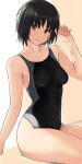  1girl amagami bangs black_hair black_swimsuit breasts brown_eyes competition_swimsuit covered_navel cowboy_shot highres looking_at_viewer nanasaki_ai one-piece_swimsuit short_hair sitting small_breasts solo swimsuit two-tone_swimsuit yoo_tenchi 