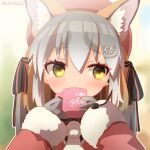  1girl animal_costume animal_ear_fluff animal_ears blazer coroha cup extra_ears fox_ears fox_girl fox_tail gloves hair_ornament hairclip hat headset island_fox_(kemono_friends) jacket kanihai kemono_friends kemono_friends_v_project long_hair microphone mug multicolored_hair necktie ribbon solo tail twintails virtual_youtuber 