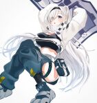  1girl :o animal_ears arknights arms_up aurora_(arknights) bangs bear_ears black_hairband black_shirt blue_eyes blue_pants blush boots breasts commentary crop_top cropped_jacket ert_raitsui eyebrows_visible_through_hair eyes_visible_through_hair grey_background hair_over_one_eye hairband highres hip_vent infection_monitor_(arknights) jacket large_breasts long_hair long_sleeves looking_at_viewer midriff pants parted_lips pouch shield shirt simple_background solo symbol-only_commentary very_long_hair white_hair white_jacket 