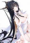  1girl :| azur_lane barefoot black_hair black_ribbon blush breasts cleavage cleavage_cutout closed_mouth clothing_cutout dutch_angle eyebrows_visible_through_hair green_eyes highres horns indomitable_(azur_lane) kana_yukino large_breasts long_hair looking_at_viewer lying necktie on_side patreon_username revealing_clothes ribbon seiza sidelocks sitting solo thighs very_long_hair 