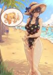  2girls aihara_mei aihara_yuzu beach black_hair blonde_hair blue_sky bow breasts citrus_(saburouta) cleavage cloud collarbone day embarrassed floral_print green_eyes hat hat_bow highres inset large_breasts light_blush long_hair multiple_girls ocean one-piece_swimsuit one_eye_closed outdoors palm_tree purple_eyes rock scrunchie shadow sky sunlight swimsuit thumbs_up tree twintails yogert_egg 