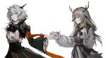  2girls alina_(arknights) animal_ears arknights armband ascot black_ascot black_dress black_neckerchief collaboration commentary deer_antlers deer_ears deer_girl dragon_girl dragon_horns dress grey_eyes grey_hair hair_intakes hand_up highres holding_hands horns joshua_(shisanli934) liangban_xiexu light_smile long_hair long_sleeves looking_at_viewer multiple_girls neckerchief orange_ribbon pinafore_dress puffy_sleeves ribbon short_hair simple_background sketch talulah_(arknights) upper_body white_background white_dress yuri 