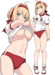  1girl ahoge blonde_hair breasts buruma fate/grand_order fate_(series) full_body green_eyes gym_uniform headband large_breasts nero_claudius_(fate) nero_claudius_(olympian_bloomers)_(fate) pov red_buruma red_headband shiseki_hirame shoes short_hair short_sleeves simple_background sneakers solo standing thighs underboob undressing white_background white_footwear 
