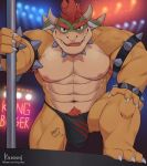  4_fingers abs absurd_res armpit_hair biceps blush body_hair bowser bulge clothed clothing collar fingers gakujo genital_outline hair hi_res horn looking_at_viewer male mario_bros muscular muscular_male nintendo nipples pecs penis_outline red_hair solo teeth thong underwear video_games yellow_body 