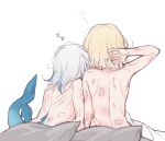  2girls back bite_mark blonde_hair blue_hair fish_tail from_behind gawr_gura hololive hololive_english mitsumine_(ookami_no_oyashiro) multicolored_hair multiple_girls pillow scratches shark_tail simple_background streaked_hair tail virtual_youtuber watson_amelia white_background white_hair yuri 