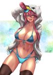 1girl bangs bikini blue_eyes blush breasts brown_legwear cleavage collarbone highres large_breasts long_hair looking_at_viewer navel one_side_up open_mouth pokemon red_hair sidelocks skyla_(pokemon) smile solo swimsuit takecha thighhighs thighs 