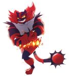  claws collarbone colored_sclera commentary fire flexing full_body furry green_eyes grin highres incineroar muscular pectorals pokemon pokemon_(creature) pose red_fur smile solo standing teeth third_cookie white_background yellow_sclera 