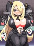  1girl :q arms_behind_head black_coat black_pants blonde_hair blush breasts cleavage coat commentary_request cynthia_(pokemon) grey_eyes hair_ornament hair_over_one_eye heart heavy_breathing huge_breasts kanikama long_hair navel pants pokemon solo speech_bubble steam sweat tongue tongue_out translation_request 