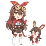  1girl :d amber_(genshin_impact) bangs baron_bunny_(genshin_impact) blush_stickers boots breasts brown_eyes brown_hair brown_shorts chibi commentary_request eyebrows_visible_through_hair fang genshin_impact gloves goggles goggles_on_head hair_between_eyes hair_ribbon hands_up hood hood_down long_hair long_sleeves miri_(ago550421) red_gloves red_legwear red_ribbon ribbon short_shorts shorts shrug_(clothing) simple_background small_breasts smile teeth thigh_boots thighhighs upper_teeth very_long_hair white_background white_footwear 