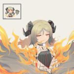  1girl aristol arknights black_choker black_shirt blonde_hair chibi chibi_inset choker coat demon_horns fire food highres horns ifrit_(arknights) kebab looking_at_viewer orange_eyes parted_lips shirt short_hair short_twintails simple_background sitting smoke solo twintails white_background white_coat 