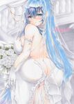  1girl animal_ears ass azur_lane back bare_shoulders blue_eyes blue_hair breasts bridal_veil covered_nipples dress elbow_gloves fake_animal_ears flower from_behind gloves highres large_breasts long_hair looking_at_viewer looking_back new_jersey_(azur_lane) new_jersey_(snow-white_ceremony)_(azur_lane) official_alternate_costume purplepencil rabbit_ears rose sample_watermark solo veil very_long_hair wedding_dress white_dress white_flower white_gloves white_rose 