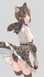  1girl absurdres animal_ear_fluff animal_ears animal_print bangs bare_shoulders breasts brown_hair cat_ears cat_girl cat_tail clothes_lift commentary cropped_torso elbow_gloves eyebrows_visible_through_hair from_behind gloves grey_background hair_between_eyes highres iriomote_cat_(kemono_friends) kemono_friends looking_back medium_breasts multicolored_hair panties print_gloves print_legwear print_panties print_skirt shirt short_hair simple_background skirt skirt_lift sleeveless sleeveless_shirt smile solo streaked_hair tail tanabe_(fueisei) thighhighs underwear white_hair white_shirt yellow_eyes 