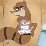  anthro baby_powder blush cartoon_network crimsonoutlands crossed_arms diaper grumpy hi_res looking_sideways lying male mammal on_back procyonid raccoon regular_show rigby_(regular_show) solo spread_legs spreading watermark 