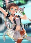  24key :d ahoge aqua_eyes armpits bandaid bandaid_on_face bandaid_on_nose bangs belt blunt_bangs brown_hair gloves highres hololive idol microphone midriff natsuiro_matsuri navel official_alternate_hairstyle open_mouth orange_legwear presenting_armpit short_bangs single_thighhigh smile thighhighs twintails virtual_youtuber zettai_ryouiki 