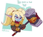  blonde_hair blue_body dialogue english_text female hair hammer hi_res holding_hammer holding_object holding_tool huffslove league_of_legends not_furry poppy_(lol) riot_games solo text tools video_games yordle 