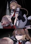  2girls apron aqua_eyes bangs black_choker blonde_hair braid braided_ponytail breasts brown_hair choker closed_mouth commission dial eyebrows_visible_through_hair g36_(girls&#039;_frontline) gentiane_(girls&#039;_frontline) girls&#039;_frontline gloves highres jacket kuuky long_hair looking_at_another lying maid maid_apron maid_headdress medium_breasts medium_hair multicolored_hair multiple_girls necktie on_back open_mouth parted_lips pink_hair red_jacket red_necktie shirt short_sleeves side_ponytail sitting sitting_on_person streaked_hair white_apron white_gloves white_shirt yuri 