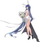  1girl absurdly_long_hair ass azur_lane back backless_outfit bare_back blue_eyes blue_hair blush breasts butt_crack dress flower from_behind gloves hair_between_eyes hair_ornament high_heels highres large_breasts long_hair looking_at_viewer looking_back new_jersey_(azur_lane) new_jersey_(snow-white_ceremony)_(azur_lane) official_alternate_costume official_art solo transparent_background twisted_torso very_long_hair wedding_dress white_dress yyy_(zelda10010) 