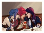  3girls arcane:_league_of_legends arcane_caitlyn arcane_jinx arcane_vi artist_name bandages blue_hair blush caitlyn_(league_of_legends) drinking_straw drinking_straw_in_mouth eye_contact highres itsbrych jinx_(league_of_legends) league_of_legends looking_at_another multiple_girls red_hair shared_drink short_hair sitting twintails vi_(league_of_legends) yuri 