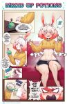  anthro breasts comic drinking english_text female furniture hi_res imabunbun lagomorph leporid mammal potion rabbit sitting sofa solo text 