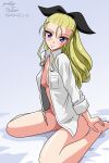  1girl artist_name assam_(girls_und_panzer) bare_legs barefoot black_bow blonde_hair blush bottomless bow breasts cleavage closed_mouth collarbone collared_shirt dress_shirt girls_und_panzer gradient gradient_background grey_background hair_bow long_hair long_sleeves looking_at_viewer matsui_yasutsugu naked_shirt open_clothes open_shirt purple_eyes shiny shiny_hair shirt sitting small_breasts smile solo wariza white_shirt wing_collar 