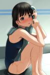  1girl absurdres bangs bare_arms bare_shoulders black_hair blue_swimsuit blush breasts brown_eyes eyebrows_visible_through_hair feet_out_of_frame highres knees_up looking_at_viewer matsunaga_kouyou medium_breasts nose_blush one-piece_swimsuit original parted_lips sitting solo swimsuit teeth towel upper_teeth wet 