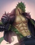  anthro banni_art clothing hi_res male muscular muscular_anthro muscular_male nipples orange_eyes pupils reptile scalie slit_pupils solo spiked_clothing spikes 