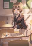  1girl absurdres book brown_eyes brown_hair can classroom desk doyo_c3 highres korean_text long_hair original parted_lips pen school_desk school_uniform shoe_locker skirt solo translation_request window_shade 