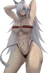  1girl abs animal_ears armpits arms_behind_head bandeau black_panties breasts choker dark-skinned_female dark_skin eyepatch ghislaine_dedoldia grey_hair hair_between_eyes highleg highleg_panties highres large_breasts long_hair looking_at_viewer memory342 muscular muscular_female mushoku_tensei navel panties red_bandeau red_choker red_eyes scar scar_on_face scar_on_stomach solo tail tail_ornament tail_ring thighs underwear white_background 