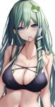  .me 1girl bikini blue_eyes blush breasts closed_mouth frog_hair_ornament green_hair hair_in_mouth hair_ornament hair_tubes highres kochiya_sanae large_breasts long_hair navel simple_background single_sidelock snake_hair_ornament solo swimsuit touhou white_background 