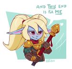  blonde_hair blue_body blush dialogue english_text female hair hi_res holding_object huffslove innuendo league_of_legends not_furry poppy_(lol) riot_games solo text video_games yordle 
