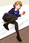  1girl bad_id bad_pixiv_id bed blue_bow blue_bowtie blue_jacket bow bowtie box brown_hair finger_to_mouth jacket koizumi_hanayo love_live! love_live!_school_idol_project no_panties otonokizaka_school_uniform pantyhose pee peeing peeing_self pickles_(user_kcap3843) plaid plaid_skirt pleated_skirt purple_eyes school_uniform shoes short_hair skirt smile solo striped striped_bow striped_bowtie wooden_floor 